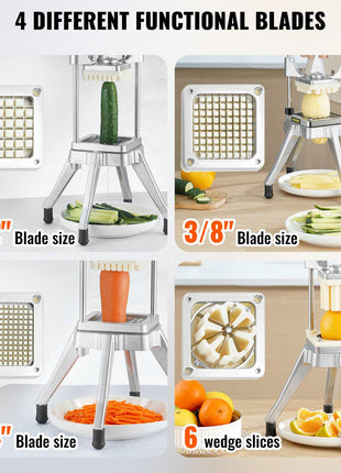 Stainless steel vegetable chopper with 4 interchangeable blades for precise cuts in 1/2", 1/4", and 3/8" sizes.