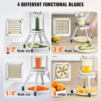 Stainless steel vegetable chopper with 4 interchangeable blades for precise cuts in 1/2", 1/4", and 3/8" sizes.