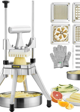 Stainless steel vegetable slicer with adjustable blades, gray gloves, and four cutting grids for precise uniform cuts.