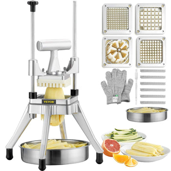 Stainless steel vegetable slicer with adjustable blades, gray gloves, and four cutting grids for precise uniform cuts.
