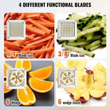 Stainless steel multi-blade food cutter with 1/4", 3/8" slicing, and wedge options; ideal for vegetables and fruits.
