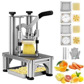 Stainless steel fruit and vegetable slicer with four interchangeable blades for colorful slices, ideal for home cooking.