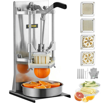 Stainless steel manual orange juicer with ergonomic handle and four interchangeable cutting plates for versatile fruit prep.