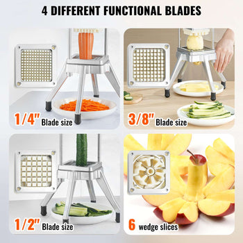 Stainless steel multi-functional vegetable chopper with four blade sizes: 1/4", 1/2", 3/8", and wedge slicer.