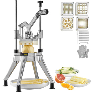 Stainless steel VEVOR vegetable chopper with 4 blades, includes safety gloves, for perfect fries and veggie slices.