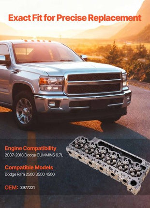 Cylinder Head Assembly, 6.7L Replacement for 2007-2018 Dodge Cummins 6.7L, Compatible with Dodge Ram 2500 3500 4500 Models, Complete Engine Cylinder Head Assembly Replaces 3977221, Cast Iron