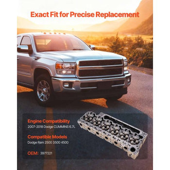 Cylinder Head Assembly, 6.7L Replacement for 2007-2018 Dodge Cummins 6.7L, Compatible with Dodge Ram 2500 3500 4500 Models, Complete Engine Cylinder Head Assembly Replaces 3977221, Cast Iron