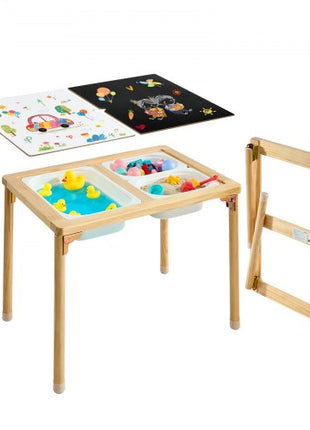 Sensory Table for Toddlers, Foldable Wooden Kids Activity Table with Double-Sided Board, Storage Bins, and Non-Slip Feet, for Boys and Girls Playing Sand and Water, Drawing, Studying, Dining