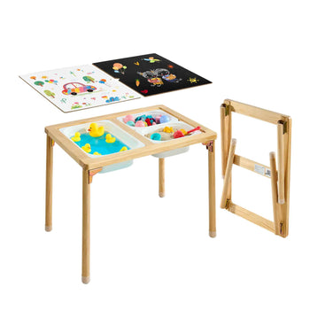 Sensory Table for Toddlers, Foldable Wooden Kids Activity Table with Double-Sided Board, Storage Bins, and Non-Slip Feet, for Boys and Girls Playing Sand and Water, Drawing, Studying, Dining