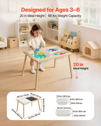 Sensory Table for Toddlers, Wooden Kids Activity Table with Reversible Double-Sided Board, Storage Bins, and Non-Slip Feet, for Boys and Girls Playing Sand and Water, Drawing, Studying, Dining