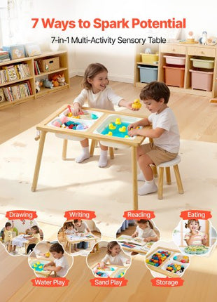 Sensory Table for Toddlers, Wooden Kids Activity Table with 2 Stools, Double-Sided Board, Storage Bins, and Non-Slip Feet, for Boys and Girls Playing Sand and Water, Drawing, Studying, Dining