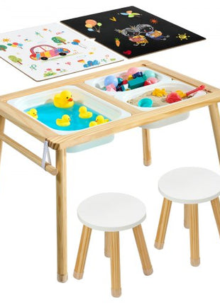 Sensory Table for Toddlers, Wooden Kids Activity Table with 2 Stools, Double-Sided Board, Storage Bins, and Non-Slip Feet, for Boys and Girls Playing Sand and Water, Drawing, Studying, Dining
