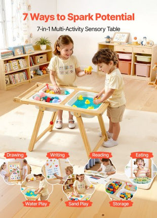 Sensory Table for Toddlers, Wooden Kids Activity Table and Art Easel with Reversible Double-Sided Board, Storage Bins, for Boys and Girls Playing Sand and Water, Drawing, Studying, Dining
