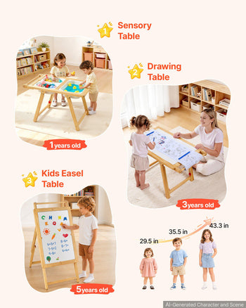 Sensory Table for Toddlers, Wooden Kids Activity Table and Art Easel with Reversible Double-Sided Board, Storage Bins, for Boys and Girls Playing Sand and Water, Drawing, Studying, Dining
