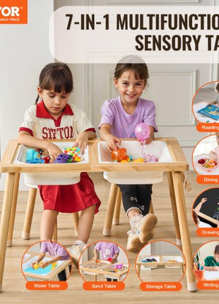 Sensory Table and Chairs Set, Toddlers Activity Table with 2 Stools, 2 Storage Bins & Paper Roll Holder, Indoor/Outdoor Play Sand and Water Table, Wooden Kids Sensory Table - Gift for Boys Girls