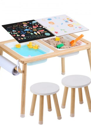 Sensory Table and Chairs Set, Toddlers Activity Table with 2 Stools, 2 Storage Bins & Paper Roll Holder, Indoor/Outdoor Play Sand and Water Table, Wooden Kids Sensory Table - Gift for Boys Girls