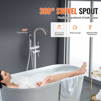 Freestanding Bathtub Faucet, Floor Mount, Freestanding Tub Filler, Shower Mixer Taps, Two Water Modes, 360° Swivel Spout, for Bathing & Showering Pet Bathing Cleaning Drains Toilet Flushing