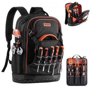 Tool Backpack, 65 Pockets, Heavy-duty Tools Storage Organizer Work Bags with Laptop Compartment & Molded Base, Electrician Jobsite Backpack for Electrician, Repairman, and HVAC Techs