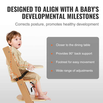 Adjustable wooden high chair in natural finish, promoting healthy posture with 90° back support for toddlers.