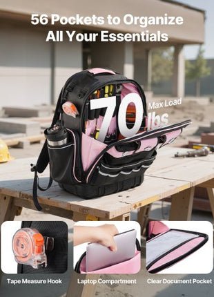 Tool Backpack, 56 Pockets, Heavy-duty Tools Storage Organizer Work Bags with Laptop Compartment & Molded Base, Electrician Jobsite Backpack for Electrician, Repairman, and HVAC Techs
