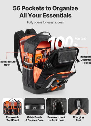 Tool Backpack, 56 Pockets, Heavy-duty Tools Storage Organizer Bags with Molded Base, Electrician Jobsite Backpack for Construction Jobsite, Electrician, Industrial, Repairman, and HVAC Techs