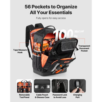 Tool Backpack, 56 Pockets, Heavy-duty Tools Storage Organizer Bags with Molded Base, Electrician Jobsite Backpack for Construction Jobsite, Electrician, Industrial, Repairman, and HVAC Techs