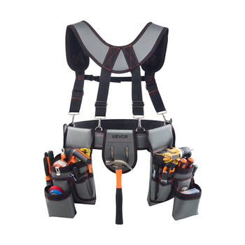 Tool Belt, 22 Pockets Tool Pouch with Suspenders for Men, Heavy Duty Adjustable Utility Belt Bag Suspenders for Electrician, Carpenter, Construction, Work Apron Organizer Waist Adjust 32 to 68in