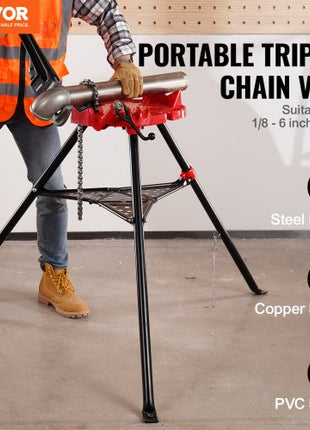 460-6 Tripod Pipe Chain Vise 1/8\"-6\" Capacity,Pipe Stand Portable Foldable Steel Legs,Pipe Jack Stands with Tool Tray, Tripod Stand Chain Vise Ideal for a Variety of Pipe Materials