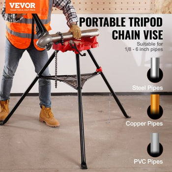 460-6 Tripod Pipe Chain Vise 1/8\"-6\" Capacity,Pipe Stand Portable Foldable Steel Legs,Pipe Jack Stands with Tool Tray, Tripod Stand Chain Vise Ideal for a Variety of Pipe Materials