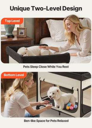 Elevated Lounge Pet Bed, Foldable Bunk Dog Bed with 600D Oxford Cloth and Dutch Velvet, Portable Raised Cot with Wheels, Side Storage Bags, and Carry Bag for Cats & Dogs, L, Beige
