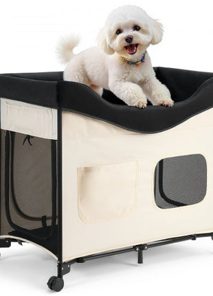 Elevated Lounge Pet Bed, Foldable Bunk Dog Bed with 600D Oxford Cloth and Dutch Velvet, Portable Raised Cot with Wheels, Side Storage Bags, and Carry Bag for Cats & Dogs, L, Beige