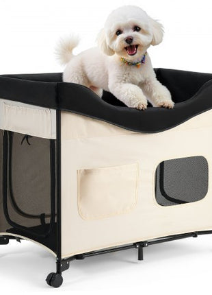Elevated Lounge Pet Bed, Foldable Bunk Dog Bed with 600D Oxford Cloth and Dutch Velvet, Portable Raised Cot with Wheels, Side Storage Bags, and Carry Bag for Cats & Dogs, XL, Beige