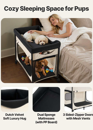 Elevated Lounge Pet Bed, Foldable Bunk Dog Bed with 600D Oxford Cloth and Dutch Velvet, Portable Raised Cot with Wheels, Side Storage Bags, and Carry Bag for Cats & Dogs, XL, Beige