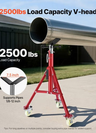 Pipe Stand, V Head Pipe Jack Stand Adjustable Height 20-37 Inch, 2500LBS Pipe Jack Stands with Casters, Folding Portable Pipe Stands for 1/8 to 12 Inch Pipe Supporting