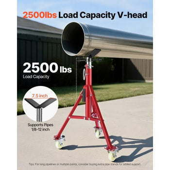 Pipe Stand, V Head Pipe Jack Stand Adjustable Height 20-37 Inch, 2500LBS Pipe Jack Stands with Casters, Folding Portable Pipe Stands for 1/8 to 12 Inch Pipe Supporting