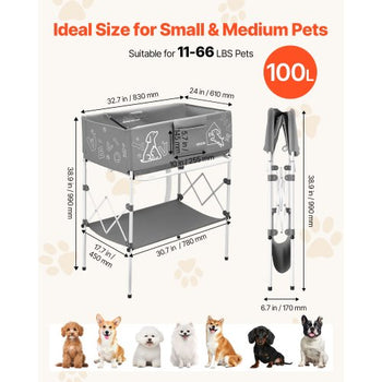 Dog Bathtub, Elevated Dog Bath Tub, Collapsible Pet Bathing Grooming Wash Station, Portable Foldable Space-saving, with Built-In Drain Hose for Small and Medium Pet Cat Indoor & Outdoor, Gray
