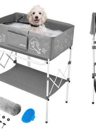 Dog Bathtub, Elevated Dog Bath Tub, Collapsible Pet Bathing Grooming Wash Station, Portable Foldable Space-saving, with Built-In Drain Hose for Small and Medium Pet Cat Indoor & Outdoor, Gray