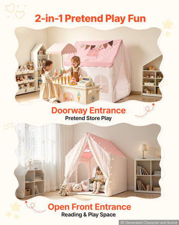 Kids Play Tent PVC Frame Playhouse for Kids with Padded Mat Pink, for Toddlers Girls Boys, Indoor & Outdoor, Reading Nook Nap Bed Tent, with Stars Lights, Carry Bag, Flag, Breathable Window