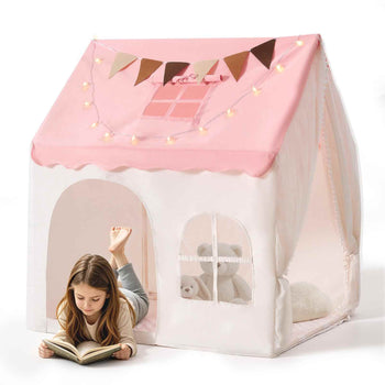 Kids Play Tent PVC Frame Playhouse for Kids with Padded Mat Pink, for Toddlers Girls Boys, Indoor & Outdoor, Reading Nook Nap Bed Tent, with Stars Lights, Carry Bag, Flag, Breathable Window