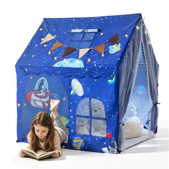 Kids Play Tent PVC Frame Playhouse for Kids with Padded Mat Blue, for Toddlers Girls Boys, Indoor & Outdoor, Reading Nook Nap Bed Tent, with Stars Lights, Carry Bag, Flag, Breathable Window