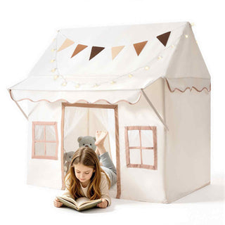 Kids Play Tent with Eave 2 in 1 Toddler Tent with Padded Mat Beige, for Girls Boys Play, Indoor & Outdoor Large Playhouse, with Stars Lights, Carry Bag, Flag, 2 Doors & 2 Breathable Windows