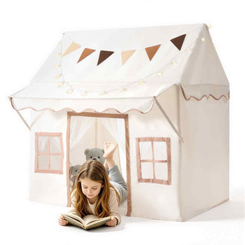 Kids Play Tent with Eave 2 in 1 Toddler Tent with Padded Mat Beige, for Girls Boys Play, Indoor & Outdoor Large Playhouse, with Stars Lights, Carry Bag, Flag, 2 Doors & 2 Breathable Windows