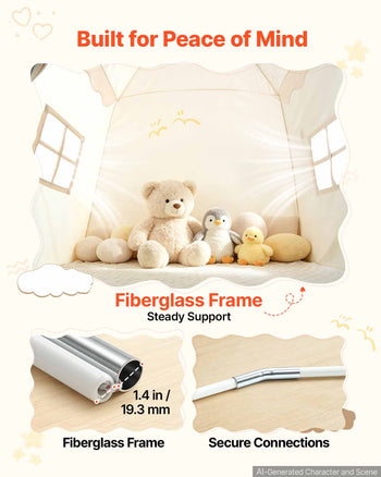 Kids Play Tent Fiberglass Frame Playhouse for Kids Padded Mat Beige, for Toddlers Girls Boys, Indoor & Outdoor, Reading Nook Nap Bed Tent, with Stars Lights, Carry Bag, Flag, Breathable Window