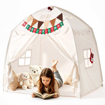 Kids Play Tent Fiberglass Frame Playhouse for Kids Padded Mat Beige, for Toddlers Girls Boys, Indoor & Outdoor, Reading Nook Nap Bed Tent, with Stars Lights, Carry Bag, Flag, Breathable Window