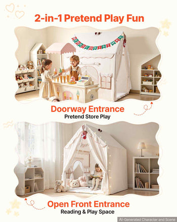 Kids Play Tent 2 in 1 Wood Frame Toddler Tent with Padded Mat Beige, for Girls Boys Birthday Play, Indoor & Outdoor Playhouse, Cozy Reading Corner, with Stars Lights, Pompoms, Breathable Window