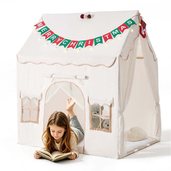 Kids Play Tent 2 in 1 Wood Frame Toddler Tent with Padded Mat Beige, for Girls Boys Birthday Play, Indoor & Outdoor Playhouse, Cozy Reading Corner, with Stars Lights, Pompoms, Breathable Window