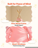 Kids Play Tent Pine Wood Teepee Tent for Kids Cotton Canvas Pink, for Toddlers Girls Boys Play, Indoor & Outdoor, with Padded Mat, Stars Lights, Carry Bag, Flag, Breathable Window, Pompom