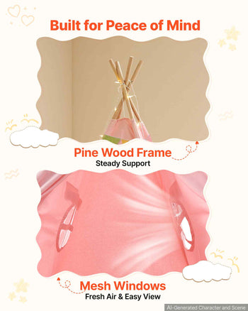 Kids Play Tent Pine Wood Teepee Tent for Kids Cotton Canvas Pink, for Toddlers Girls Boys Play, Indoor & Outdoor, with Padded Mat, Stars Lights, Carry Bag, Flag, Breathable Window, Pompom