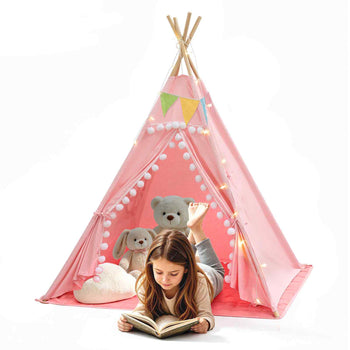 Kids Play Tent Pine Wood Teepee Tent for Kids Cotton Canvas Pink, for Toddlers Girls Boys Play, Indoor & Outdoor, with Padded Mat, Stars Lights, Carry Bag, Flag, Breathable Window, Pompom
