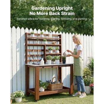 Potting Bench Table, Outdoor Gardening Workstation with 45 x 26 in Stainless Steel Tabletop, Storage Shelves, 4 Casters, Hooks, Garden Planting Work Station for Outside Patio, Backyard, Brown